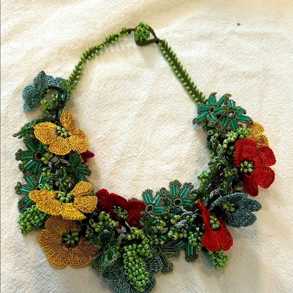 Floral Crochet Necklace in Green, Yellow, and Red